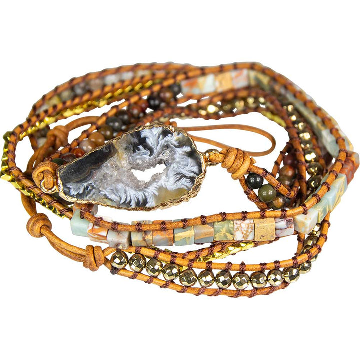 Long leather wrap bracelet with mixed gemstone beads and agate accent