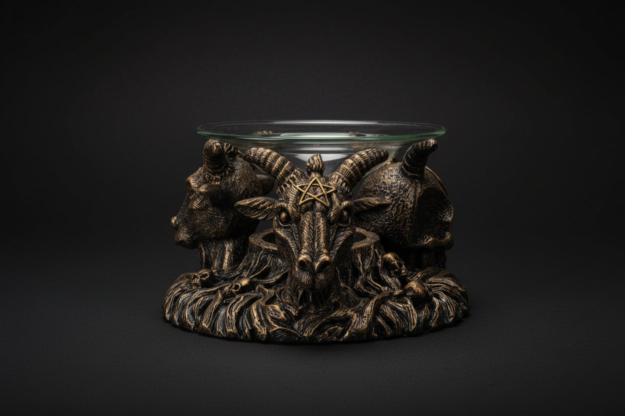Baphomet oil burner shown from an alternate angle