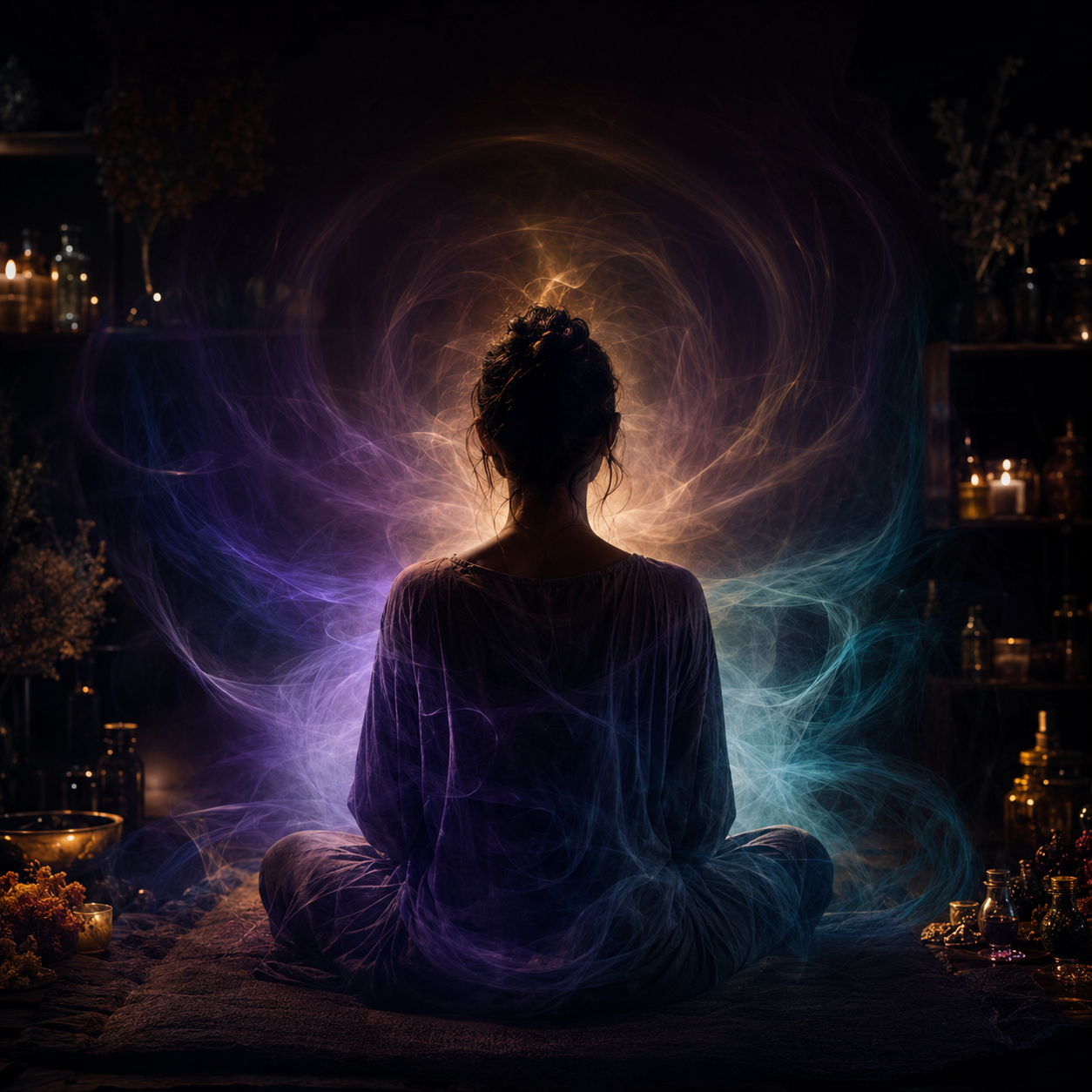 Symbolic depiction of a seated person surrounded by softly glowing energy during an aura-clearing session.