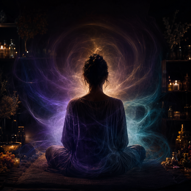 Symbolic depiction of a seated person surrounded by softly glowing energy during an aura-clearing session.
