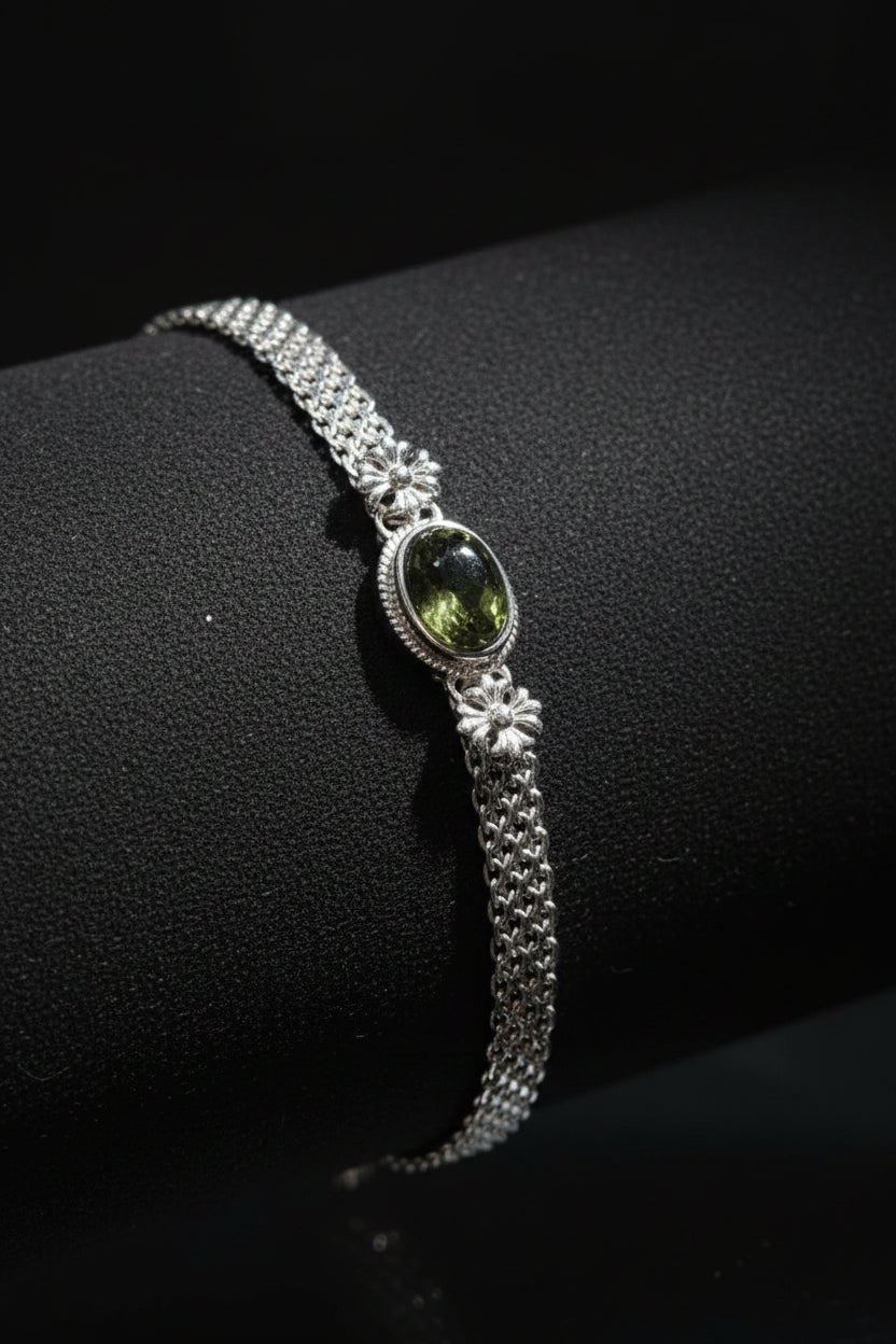 Green Moldavite-style bracelet with textured stones