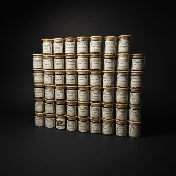 Multiple small cylindrical containers stacked on a textured brown surface