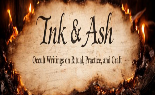 Burnt parchment with 'Ink & Ash' text and flames in the background