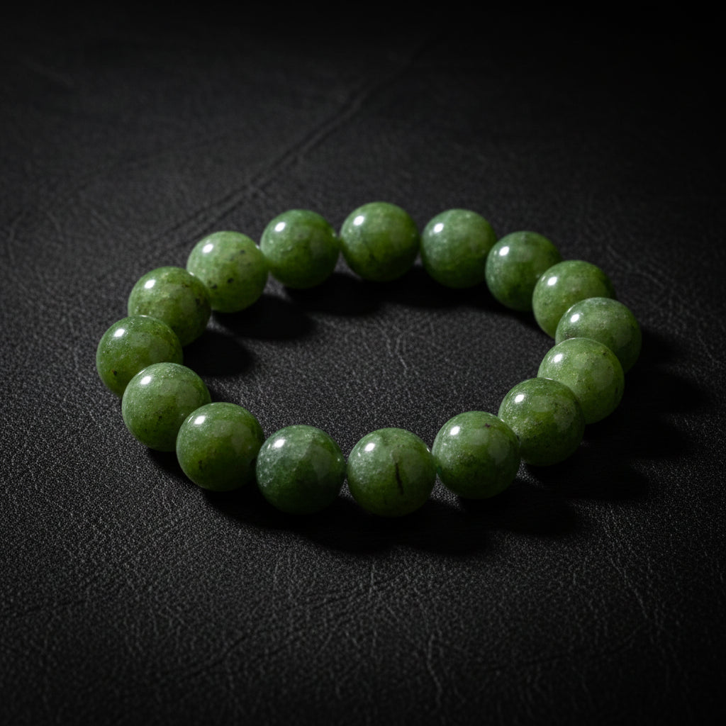  a green beaded bracelet on a dark black background.