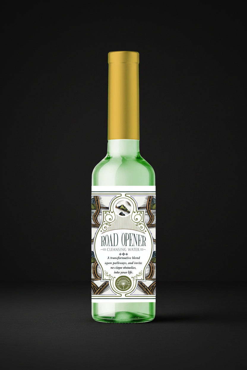 Road Opener Cleansing Water in a green 7.5 oz ritual bottle