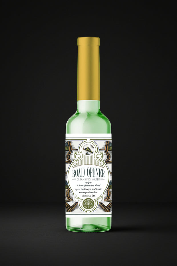 Road Opener Cleansing Water in a green 7.5 oz ritual bottle