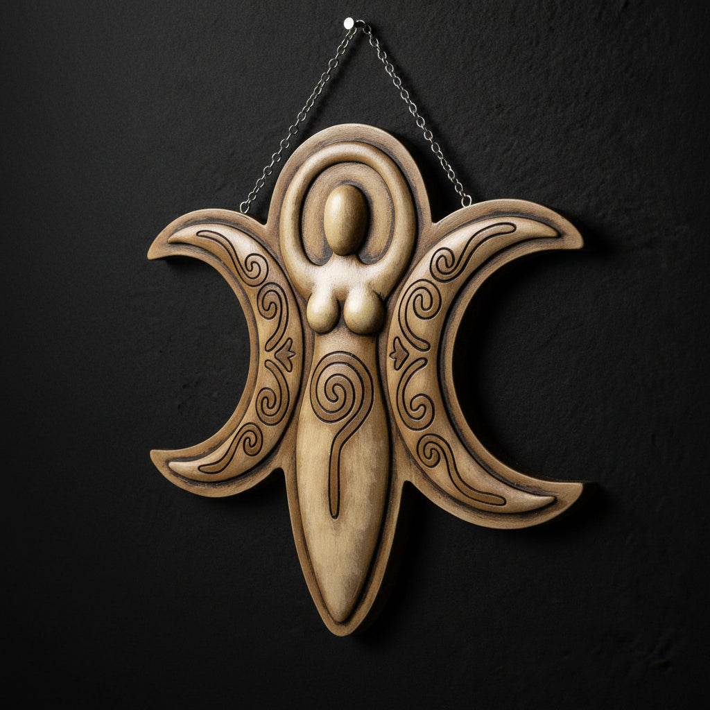 Goddess wall plaque with triple moon design in cold cast resin hanging by chain for altar or ritual decor.