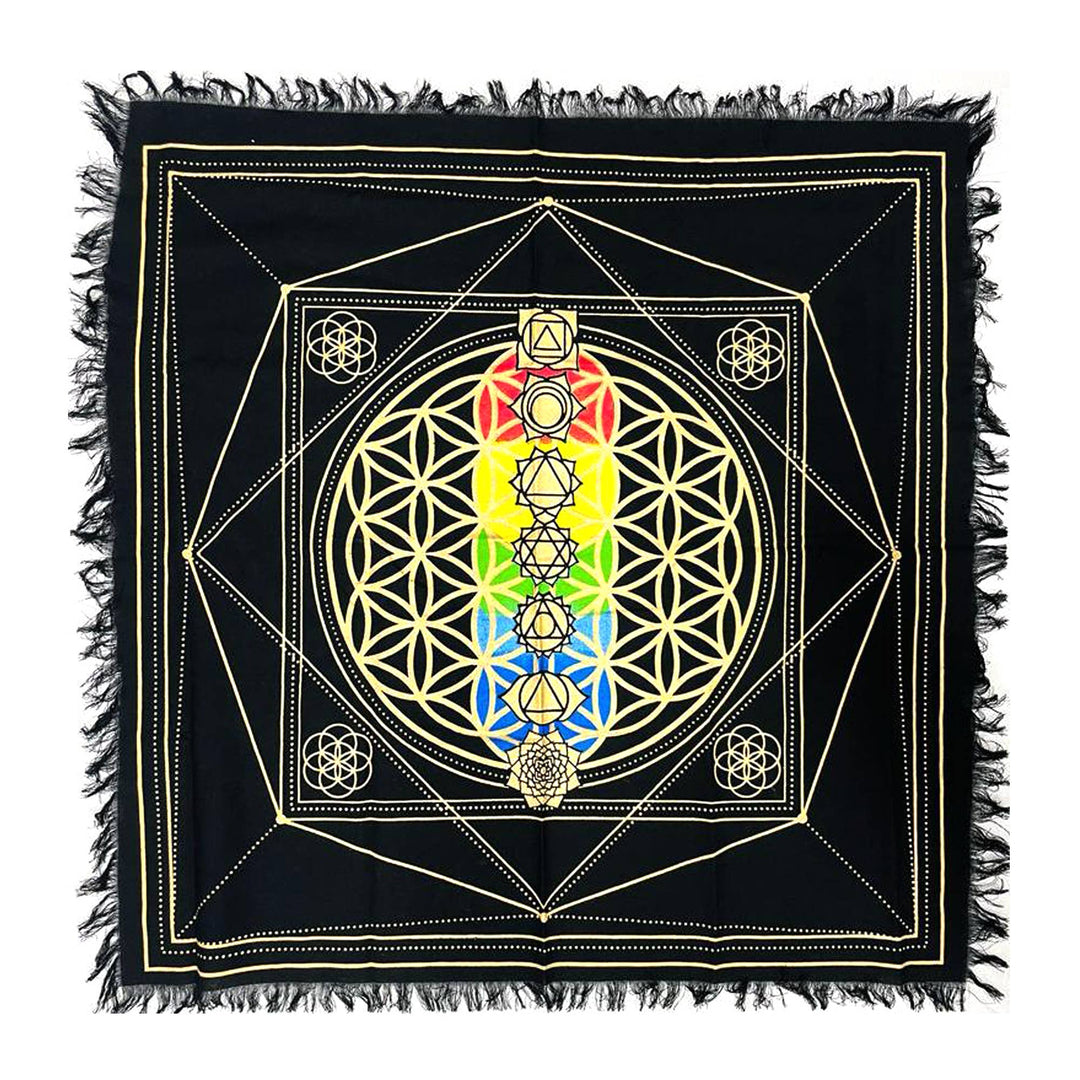 Chakra Flower of Life altar cloth measuring 24 by 24 inches