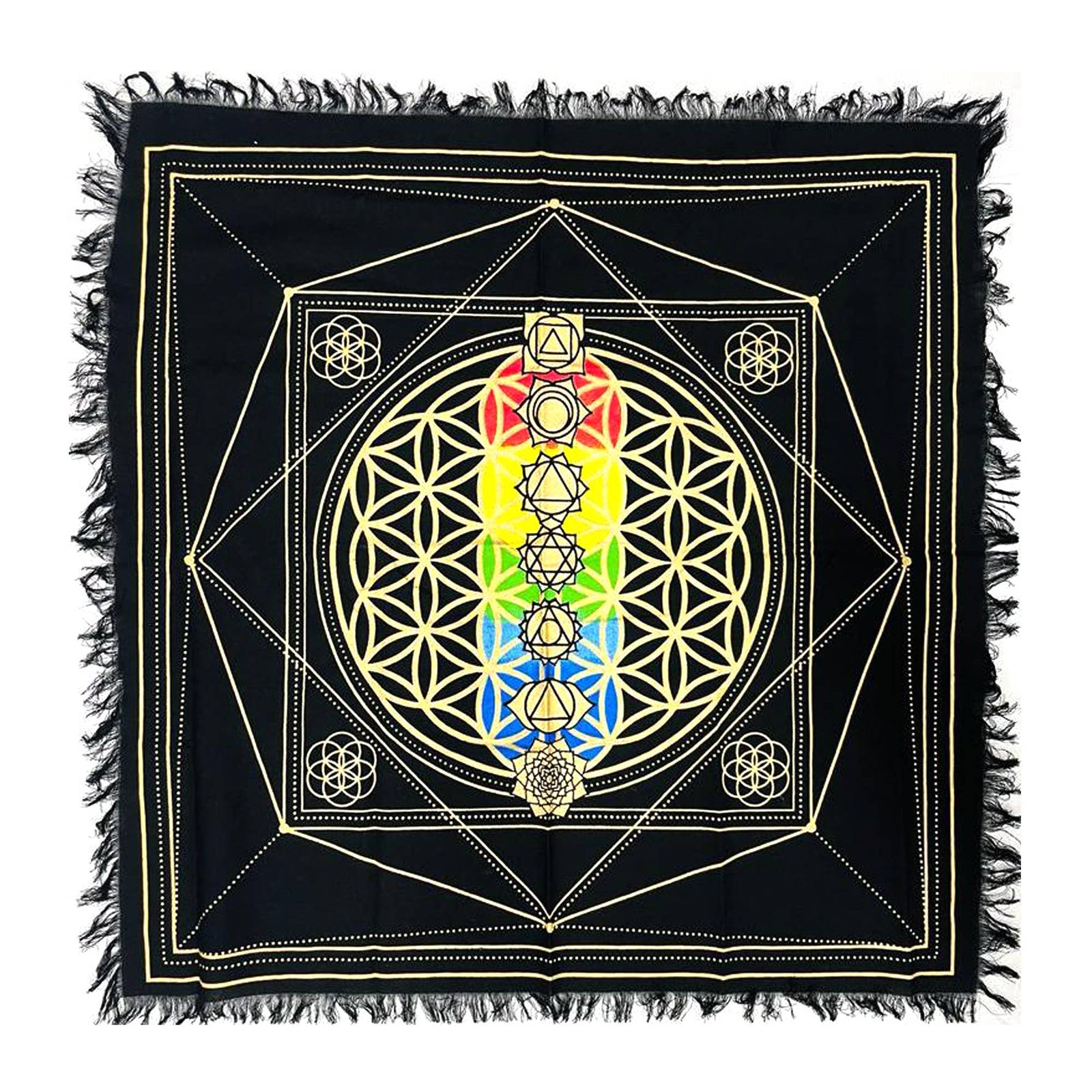 Chakra Flower of Life altar cloth measuring 24 by 24 inches
