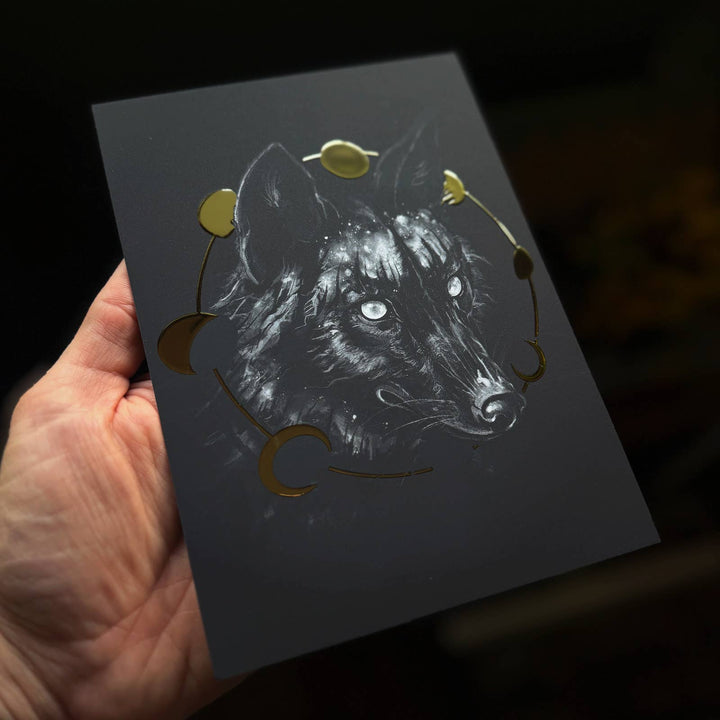 Phases gold foil wolf and moon-phase art print by Brian Serway