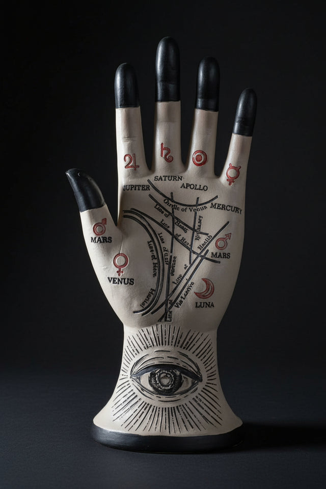 Palmistry hand statue with planetary symbols and palm lines in cold cast resin for divination study and altar display.