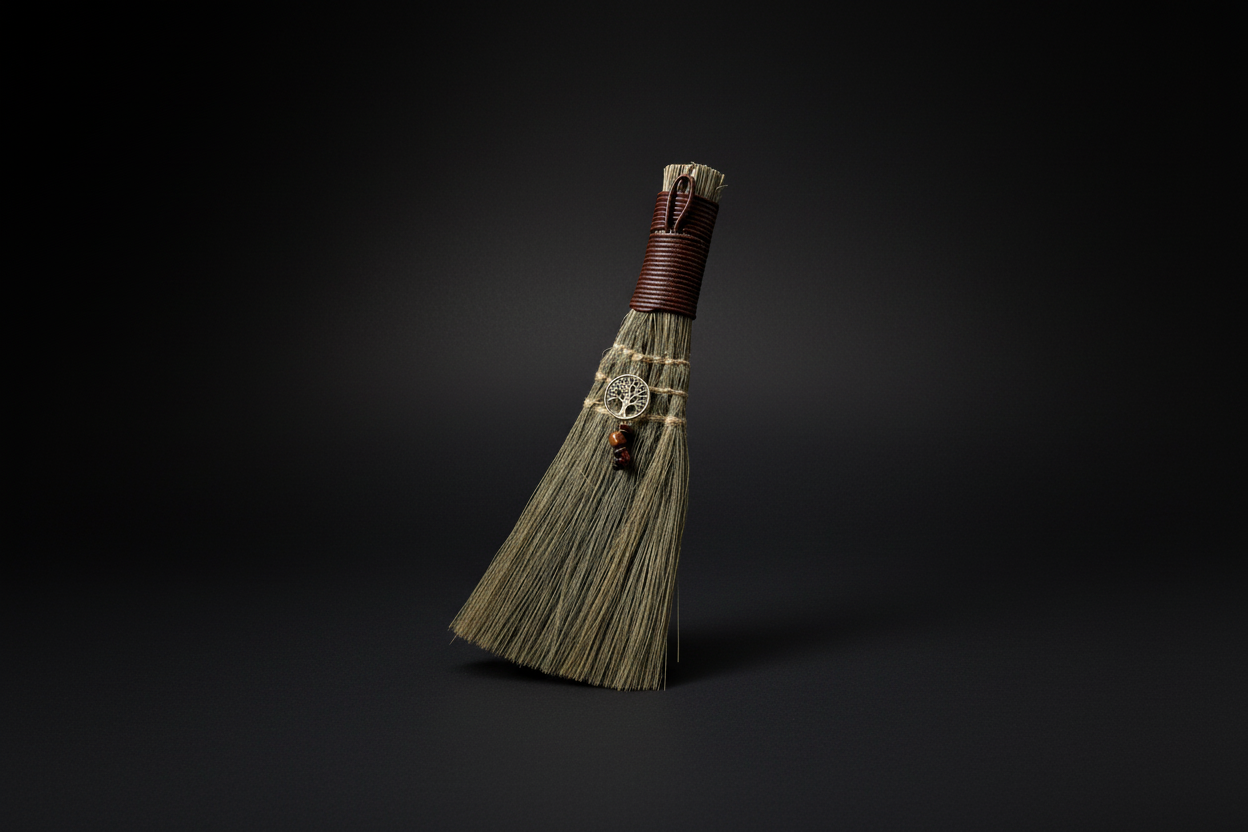 Altar broom with Tree of Life charm on a light background