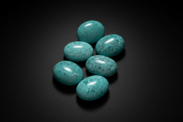 Polished blue-green amazonite palm stone with pale natural veining