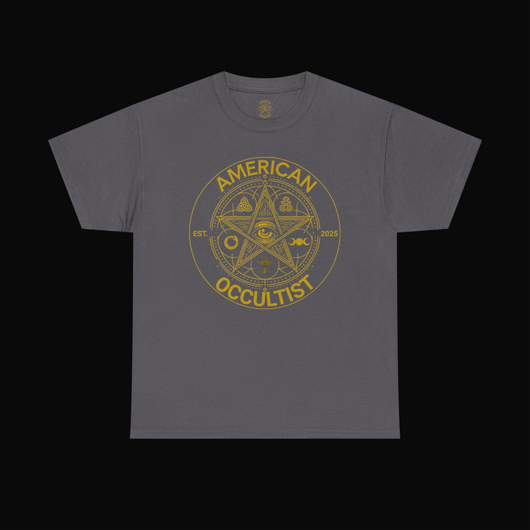 gray tee gold text