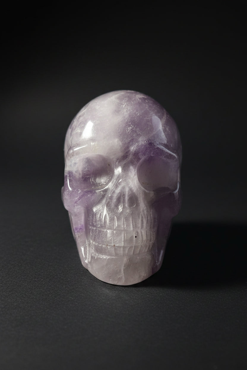 Exact Amethyst Crystal Skull, angled view