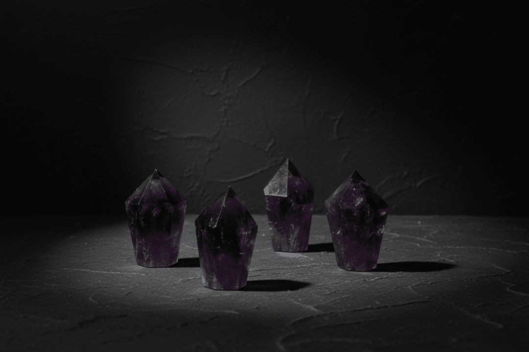 Polished dark-purple amethyst diamond obelisk with a faceted point