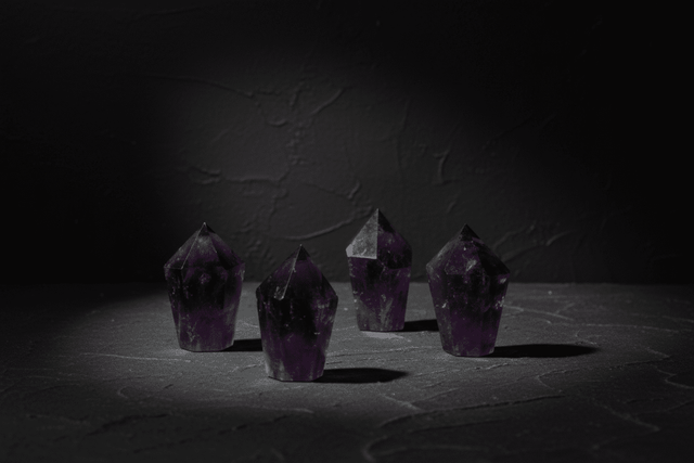 Polished dark-purple amethyst diamond obelisk with a faceted point