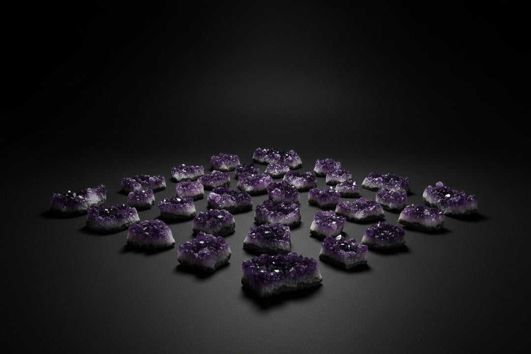 Assorted raw amethyst druzy clusters with purple quartz crystal points