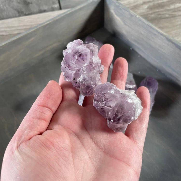 Hand holding two purple crystal rocks against a wooden background