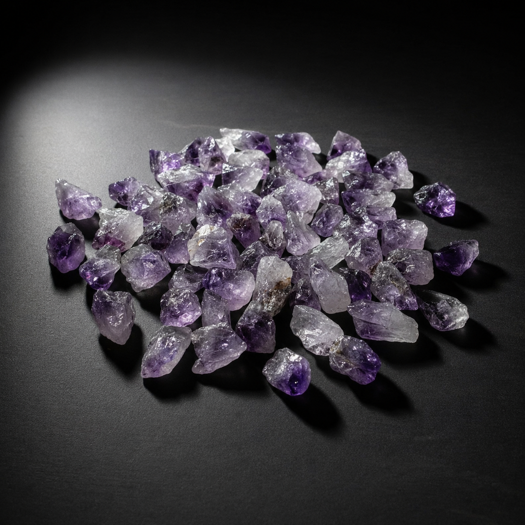 Alternate view of naturally varied small raw amethyst points on a matte black surface