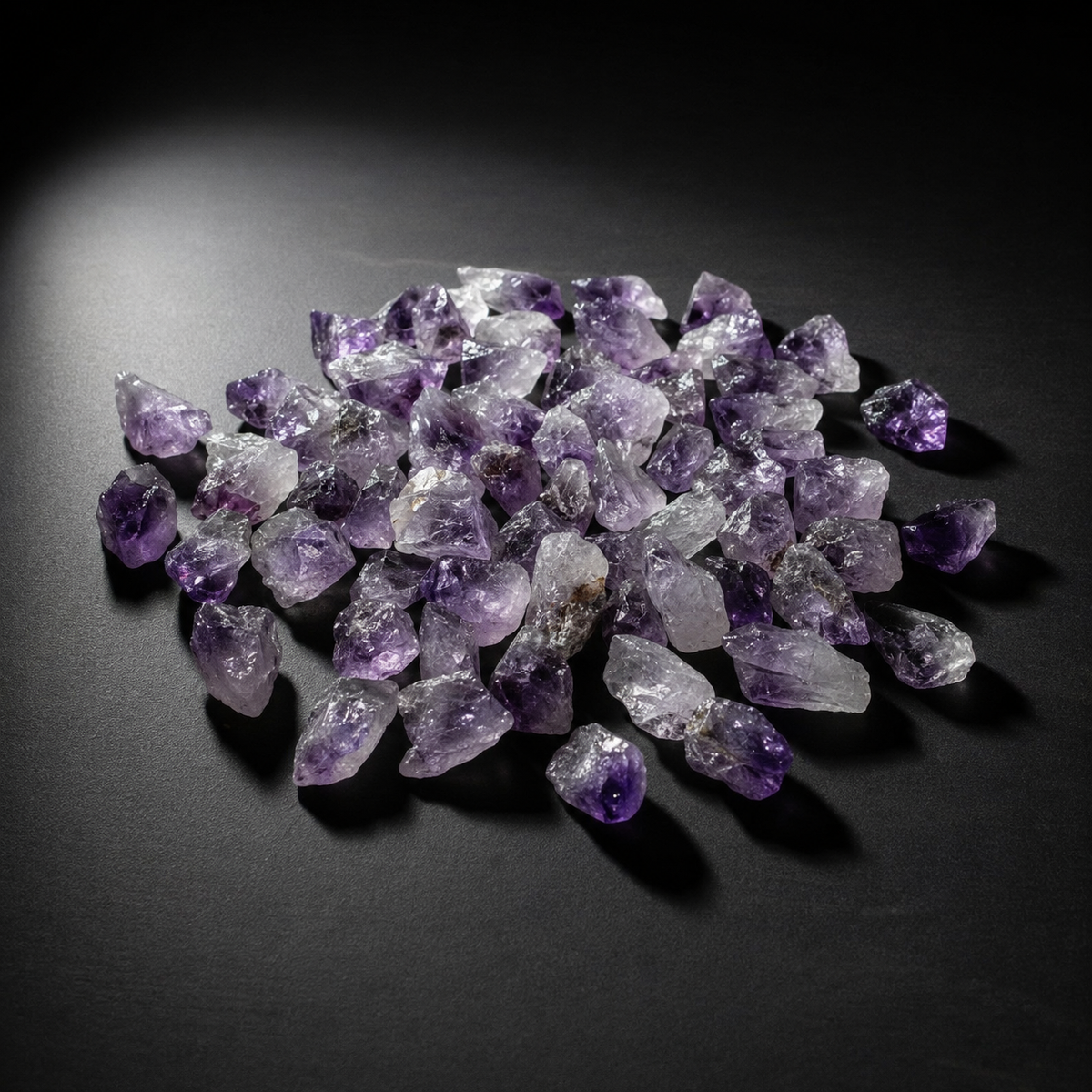 Alternate view of naturally varied small raw amethyst points on a matte black surface
