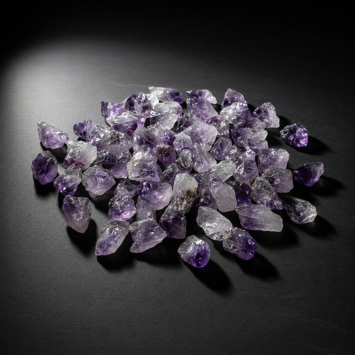 Alternate view of naturally varied small raw amethyst points on a matte black surface