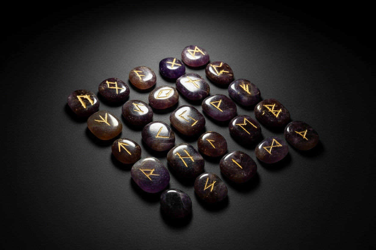 Amethyst rune set arranged with matching casting board