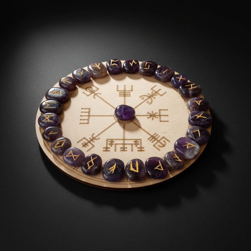 Amethyst rune stones and board shown in storage set