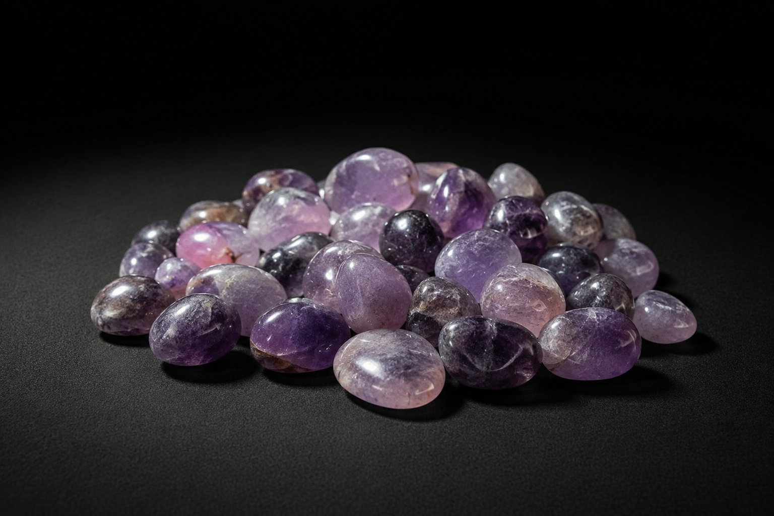 Pile of polished Amethyst tumbled stones in varied lilac, violet, and smoky-purple shades on black