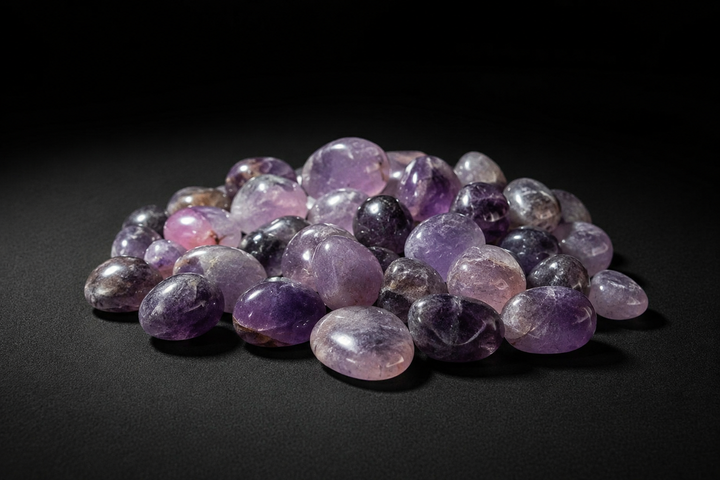 Pile of polished Amethyst tumbled stones in varied lilac, violet, and smoky-purple shades on black