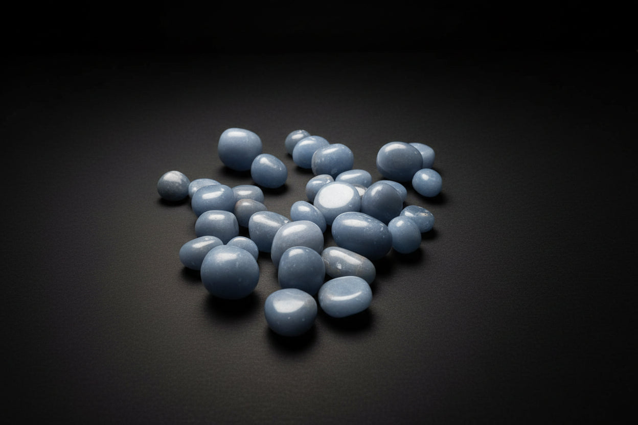 Representative pale-blue stones sold as Angelite; white patterning, shape, polish, and size vary