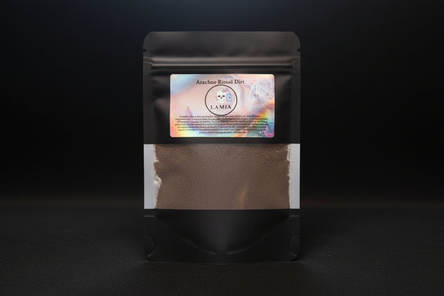 Arachne Ritual Dirt in labeled black packaging on a dark background