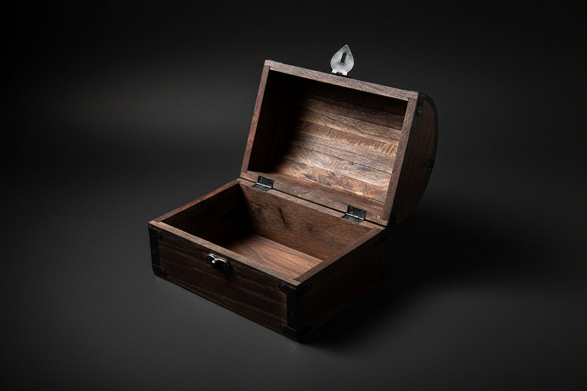 Wooden ritual chest with metal latch on a white background