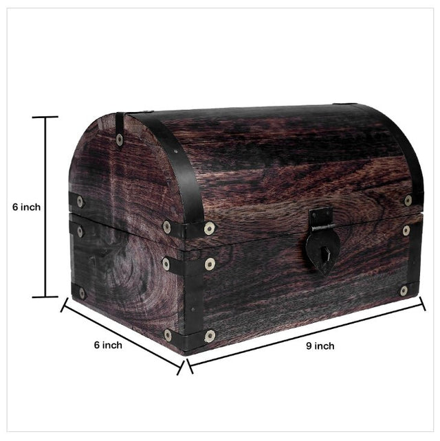 Wooden treasure chest with dimensions on a white background