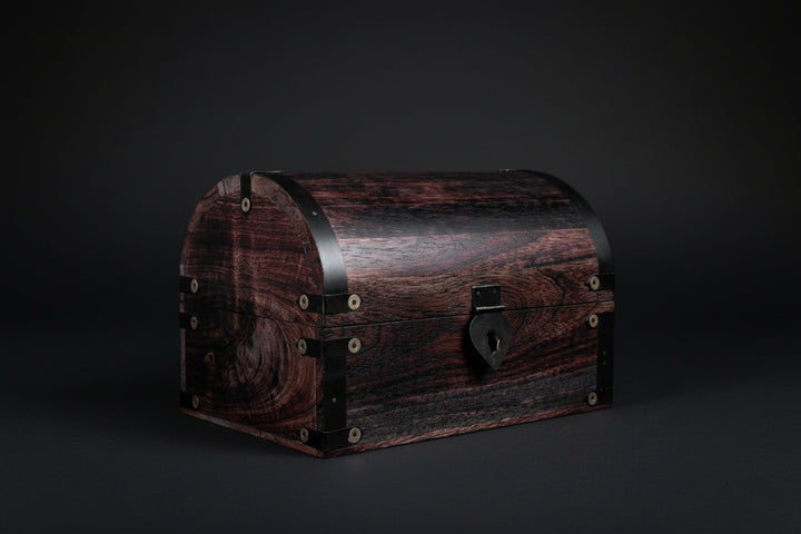 Wooden treasure chest with dimensions on a white background