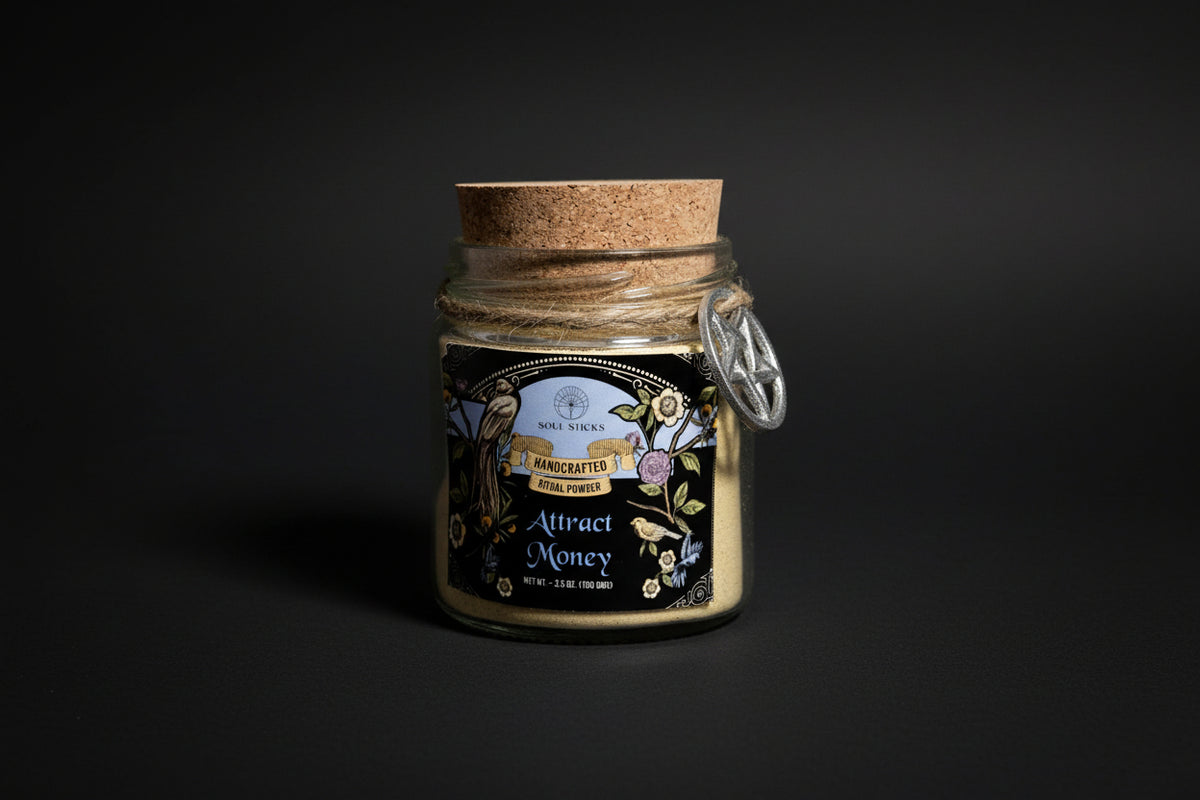 Jar of handcrafted ritual powder labeled 'Attract Money' with a cork lid on a white background.