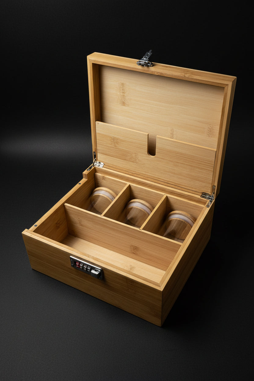 Opened large wooden stash box with lock, compartments, glass jar, and brush tool for organizing ritual supplies.