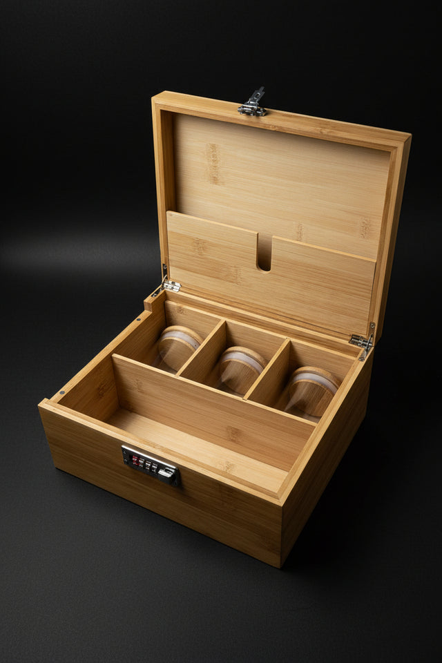 Opened large wooden stash box with lock, compartments, glass jar, and brush tool for organizing ritual supplies.