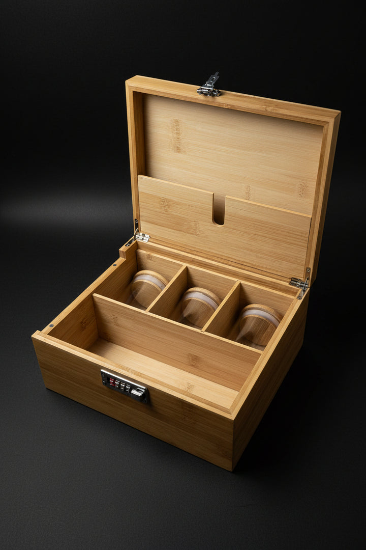 Opened large wooden stash box with lock, compartments, glass jar, and brush tool for organizing ritual supplies.