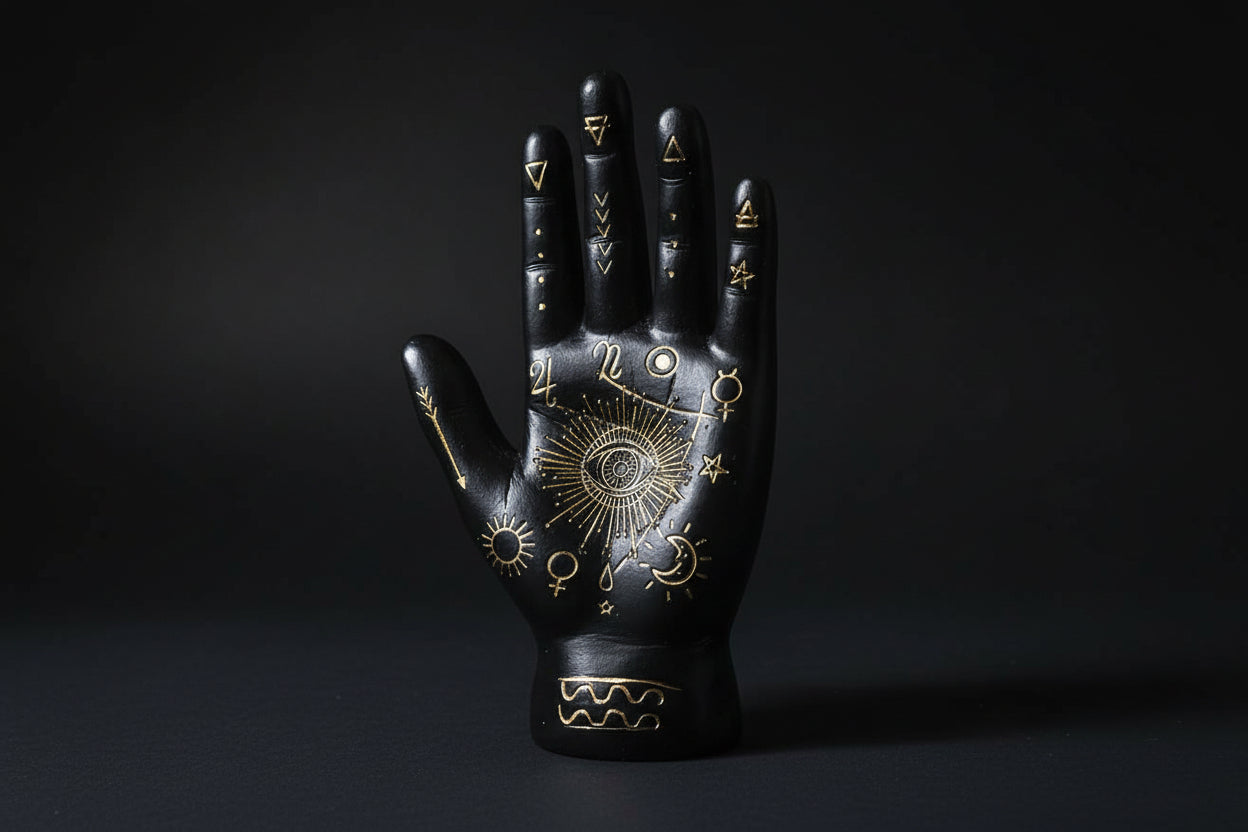Black palmistry hand statue with gold celestial symbols used for divination and altar display.