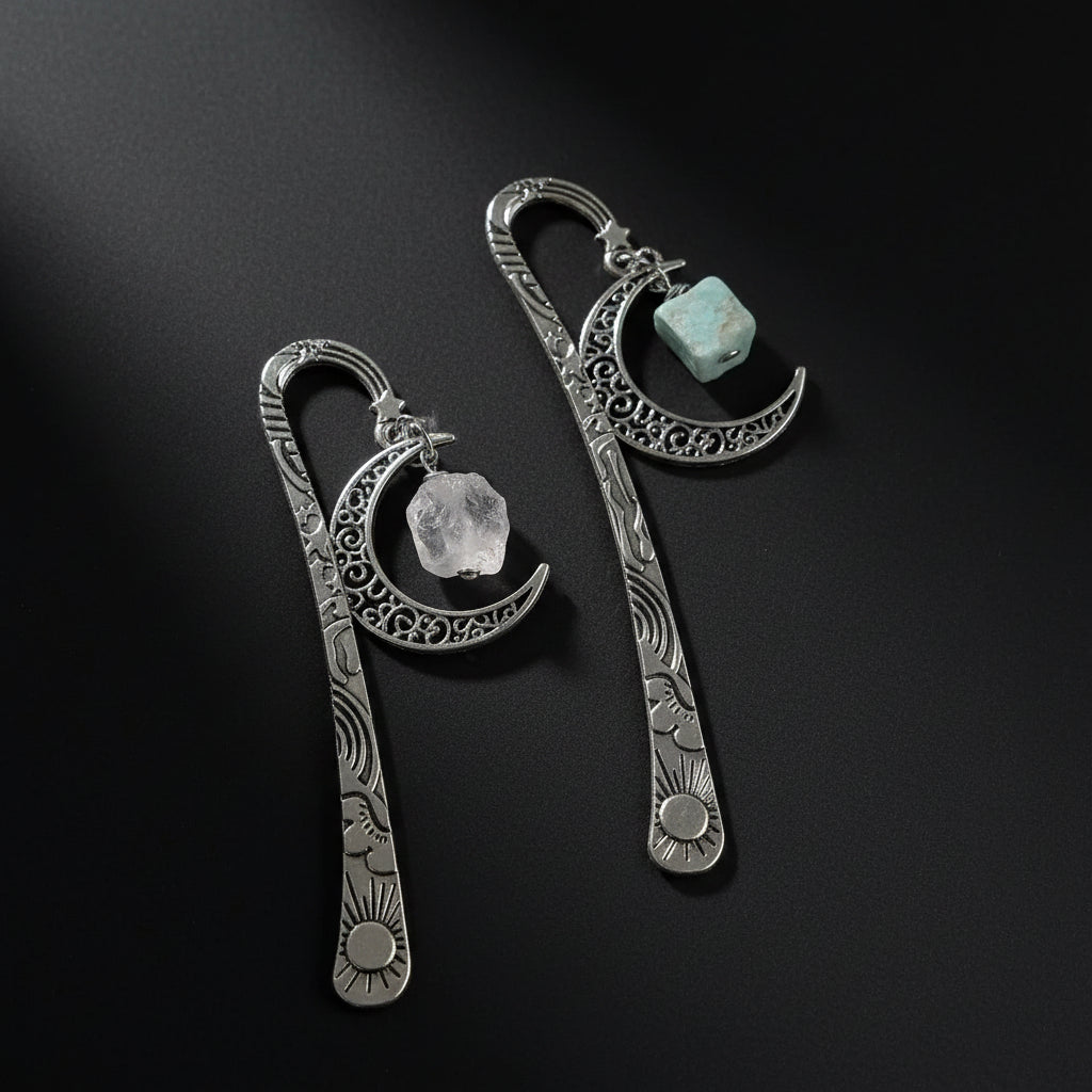 Assorted crescent-accent gemstone bookmarks in varied stone colors