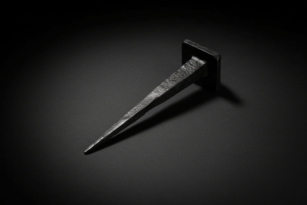Three-inch hand-forged black iron ritual spikes with square heads