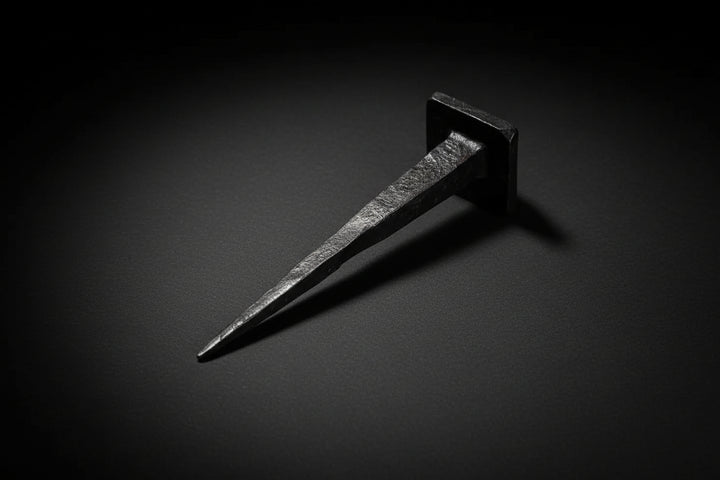 Three-inch hand-forged black iron ritual spikes with square heads