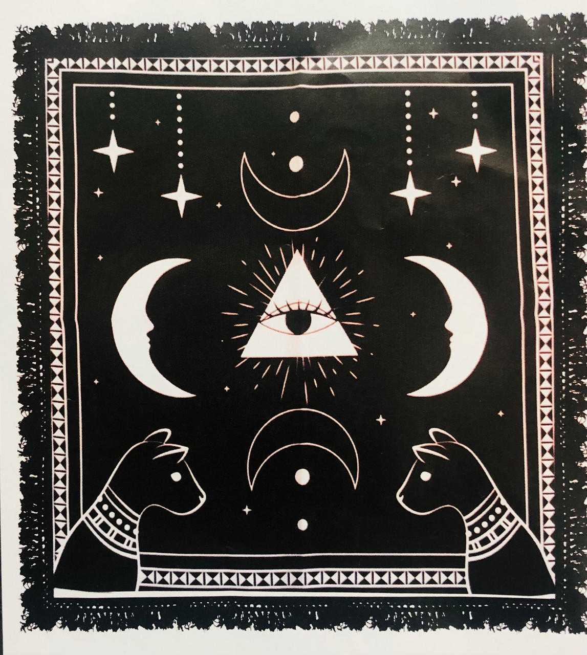 Egyptian Bastet cat altar cloth with prism moon and eye design