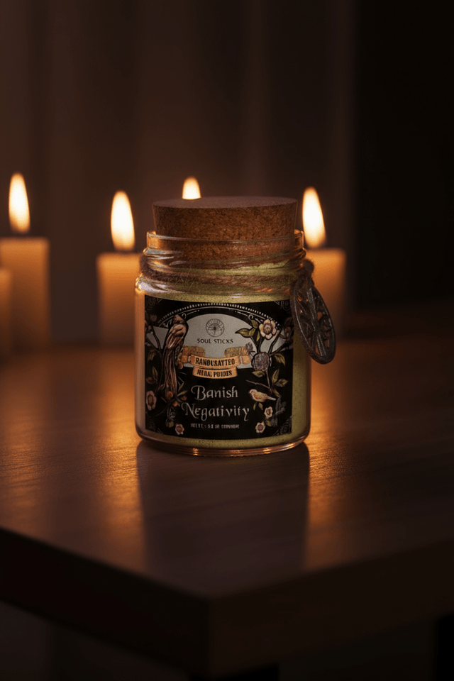 Jar of 'Banish Negativity' candle with a dark label on a wooden surface, surrounded by other candles.