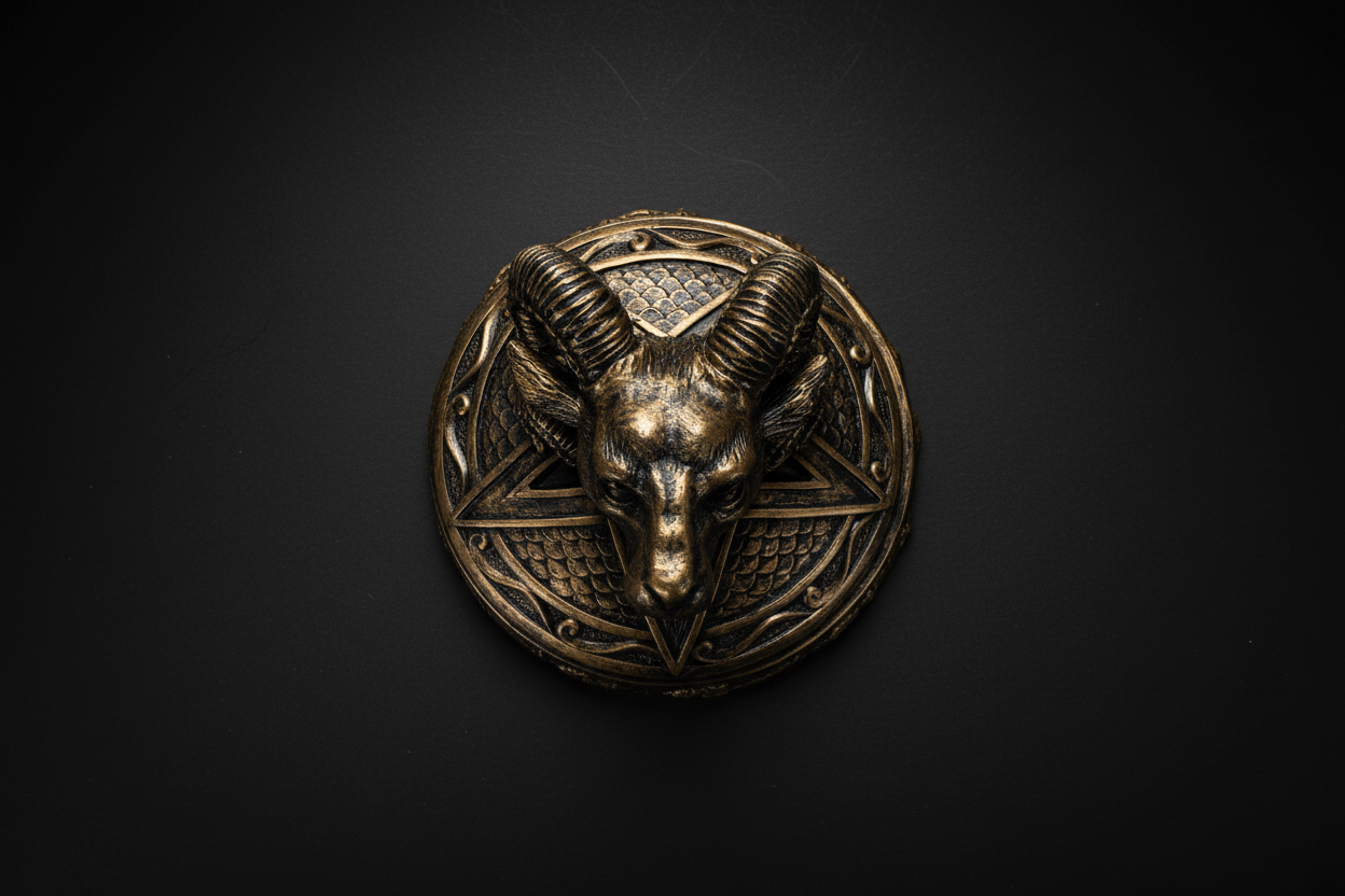 Bronze medallion with a ram's head design on a white background