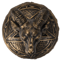 Bronze medallion with a ram's head design on a white background