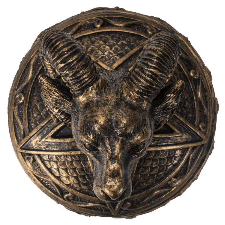 Bronze medallion with a ram's head design on a white background