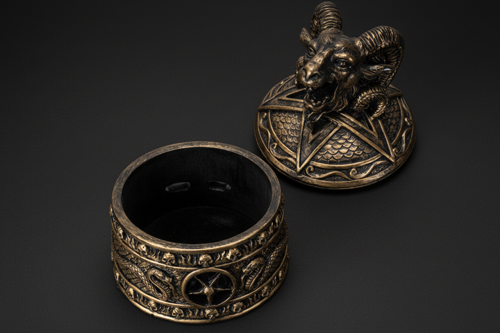 Bronze-colored decorative item with ram head design on a white background