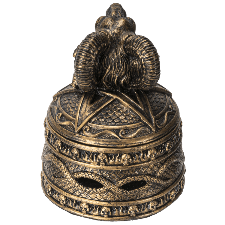 Decorative bronze object with ram's head on a white background